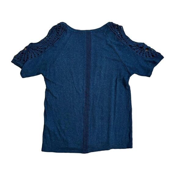 Desigual TS Sweet Summer Linen Blend Cold Shoulder Top Size Small Navy Blue - Picture 2 of 6